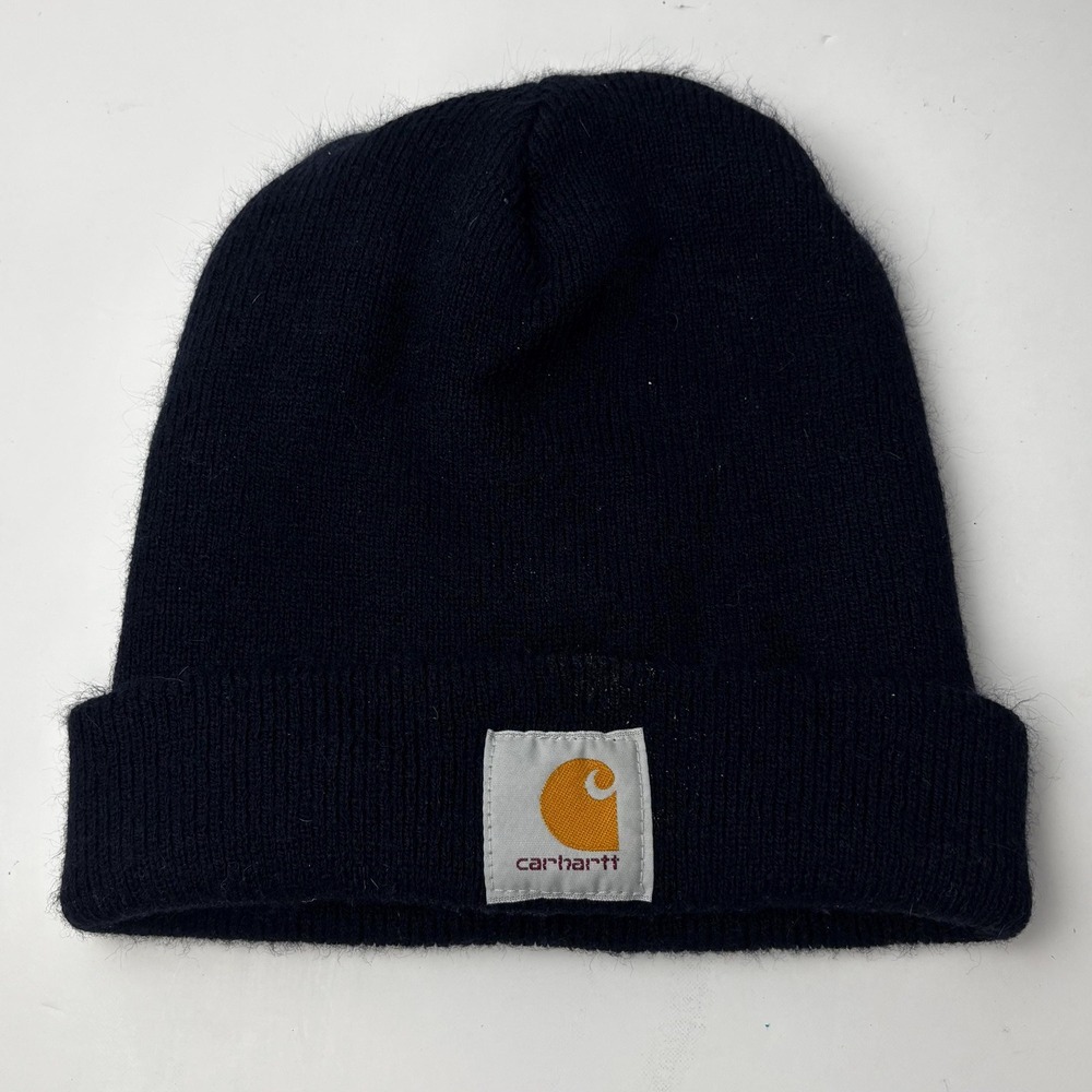 Vintage Carhartt Hat Beanie 1990s Navy Blue Patch Streetwear Workwear